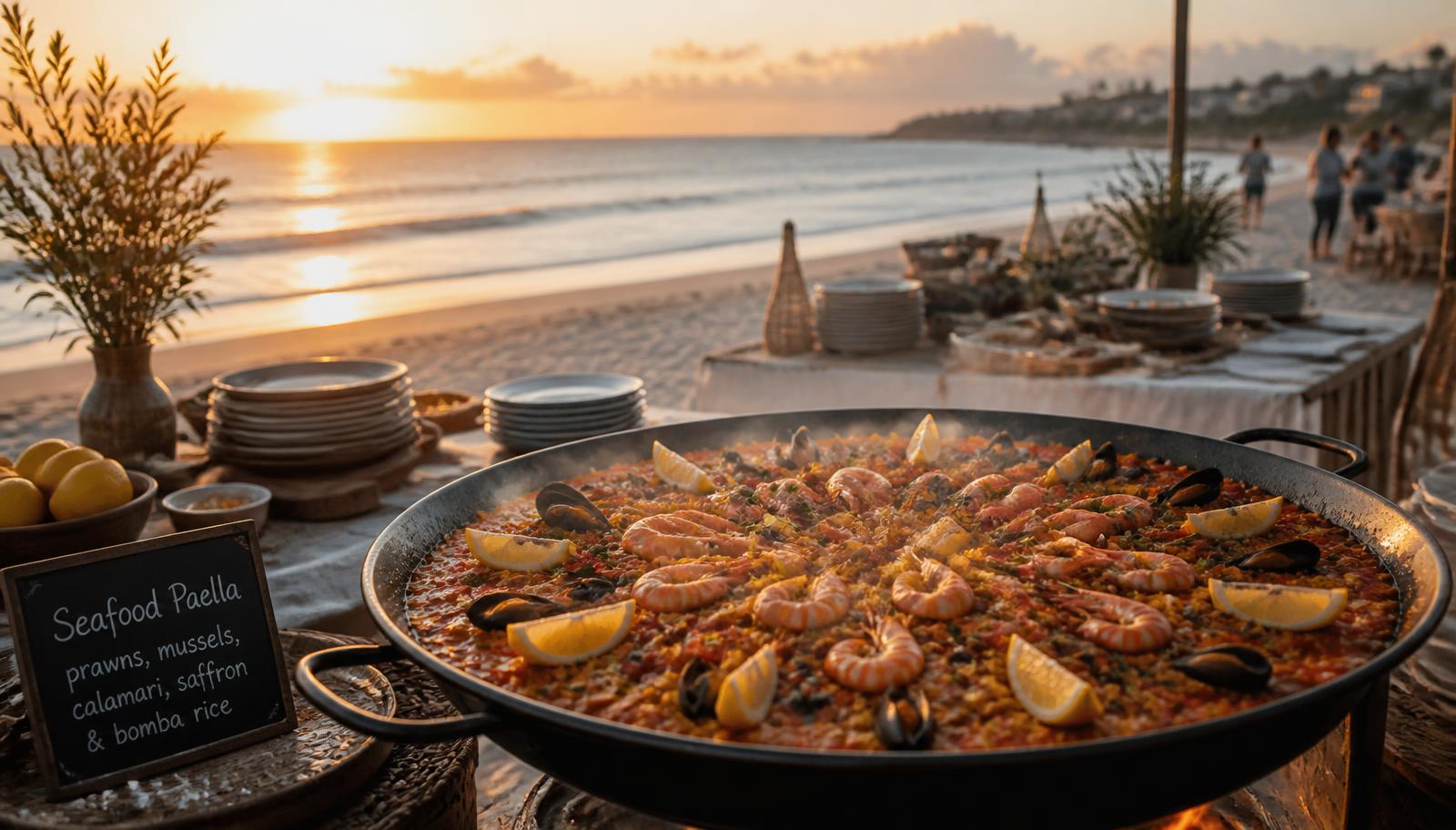 Seafood paella catered on the beach at golden hour
