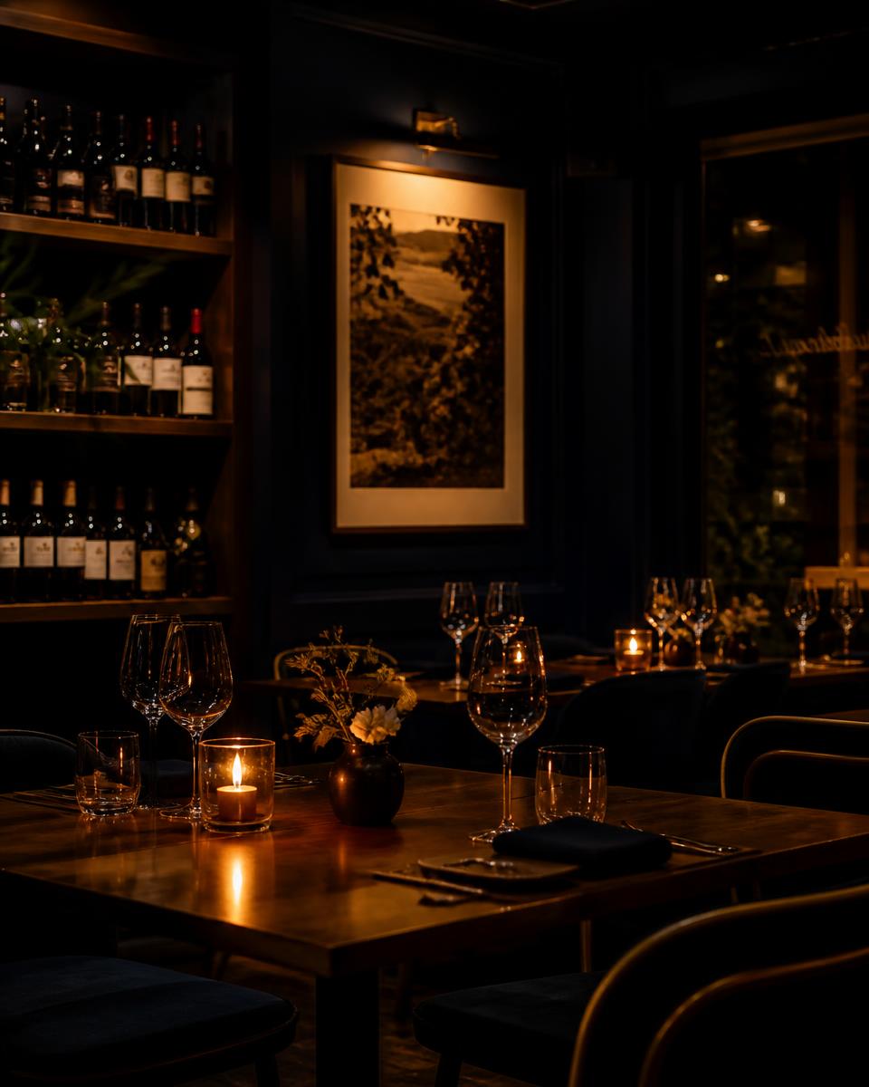 Candlelit dining room at Liquid Assets with wine shelves